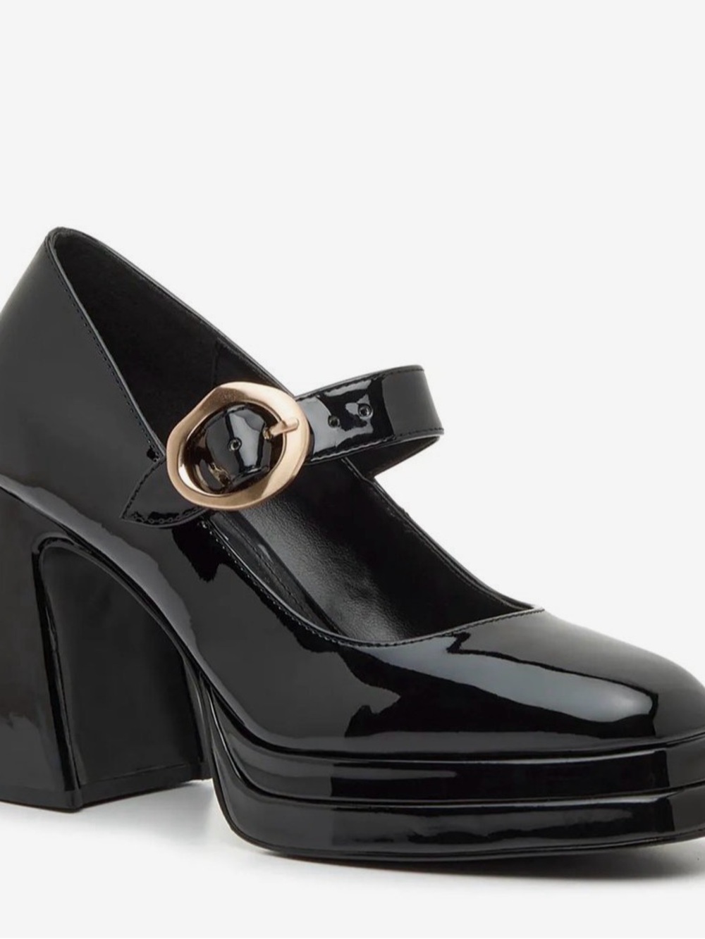 Steve Madden Black Patent Mary Jane Platform Pump with Gold Buckle